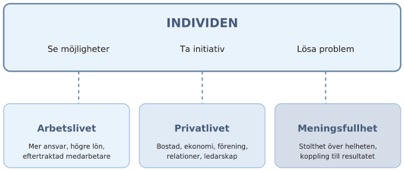 Diagram över entreprenörskap på individnivå: individen ser möjligheter, tar initiativ och löser problem, med nytta i arbetslivet, privatlivet och för meningsfullheten