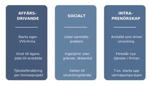 Diagram över tre former av entreprenörskap: affärsdrivande, socialt och intraprenörskap
